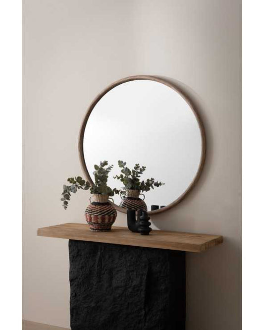 Round Natural Wood Mirror